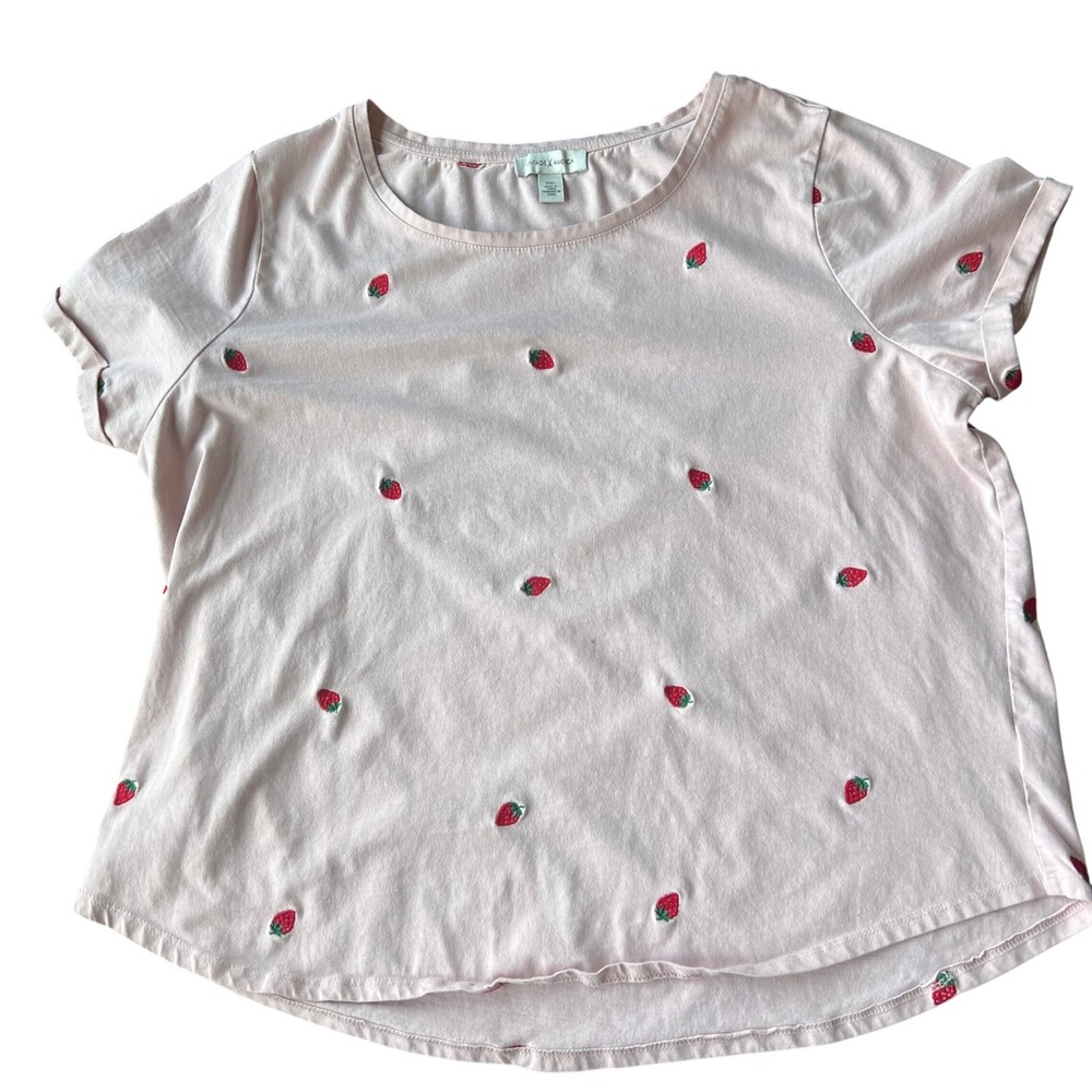Vintage America Pink Strawberry Embroidered T Shirt Women's XXL 2XL‎ Y2K